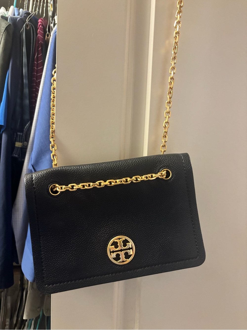 Tory Burch Black Pebbled Leather Chain Shoulder Bag
